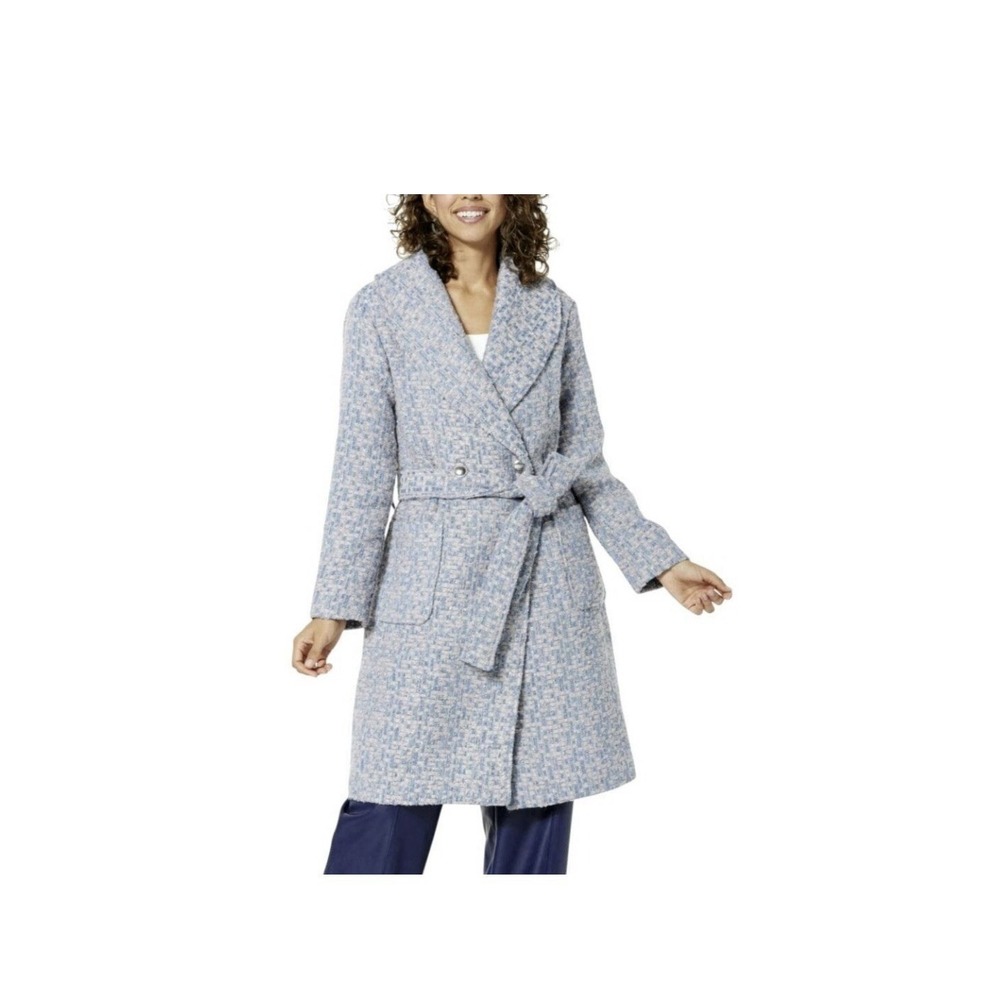Kathy Ireland BeltTweed Coat Baby Blue Blush Pink Silver Shimmer Pockets XL NWT